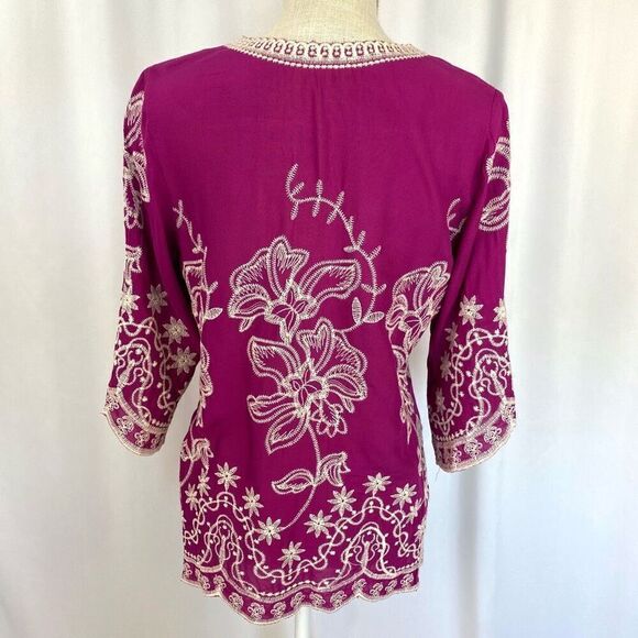 Solitaire Embroidered Top Boho Women’s Small  Handcrafted Fuchsia Pink Tunic - Picture 3 of 10
